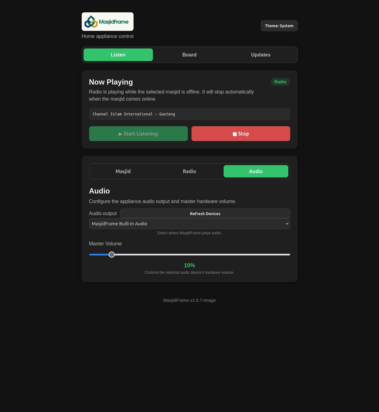 Web UI Audio output with MasjidFrame Built-In Audio selected and Master Volume