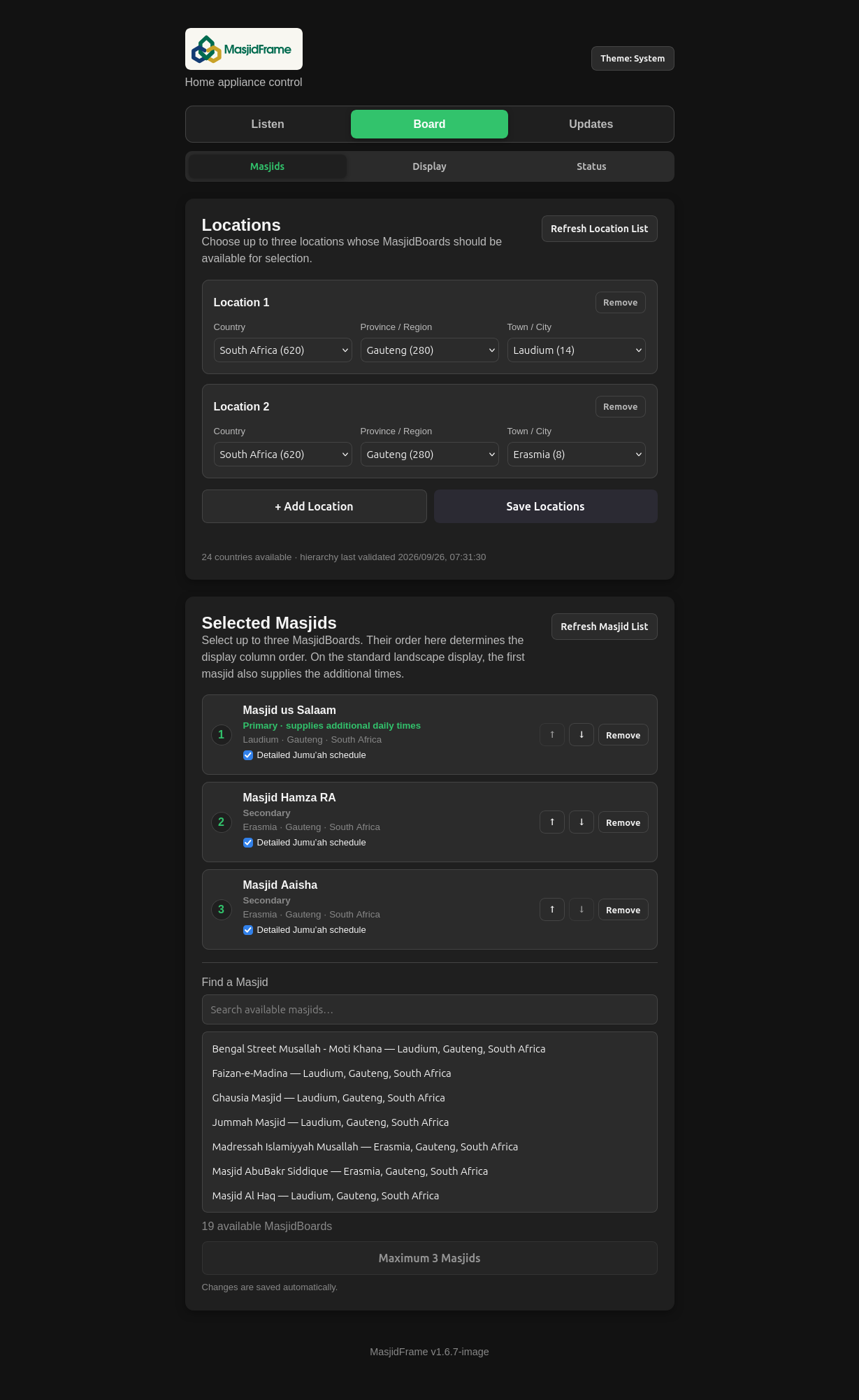 Web UI Board configuration showing selected masjids and ordering controls