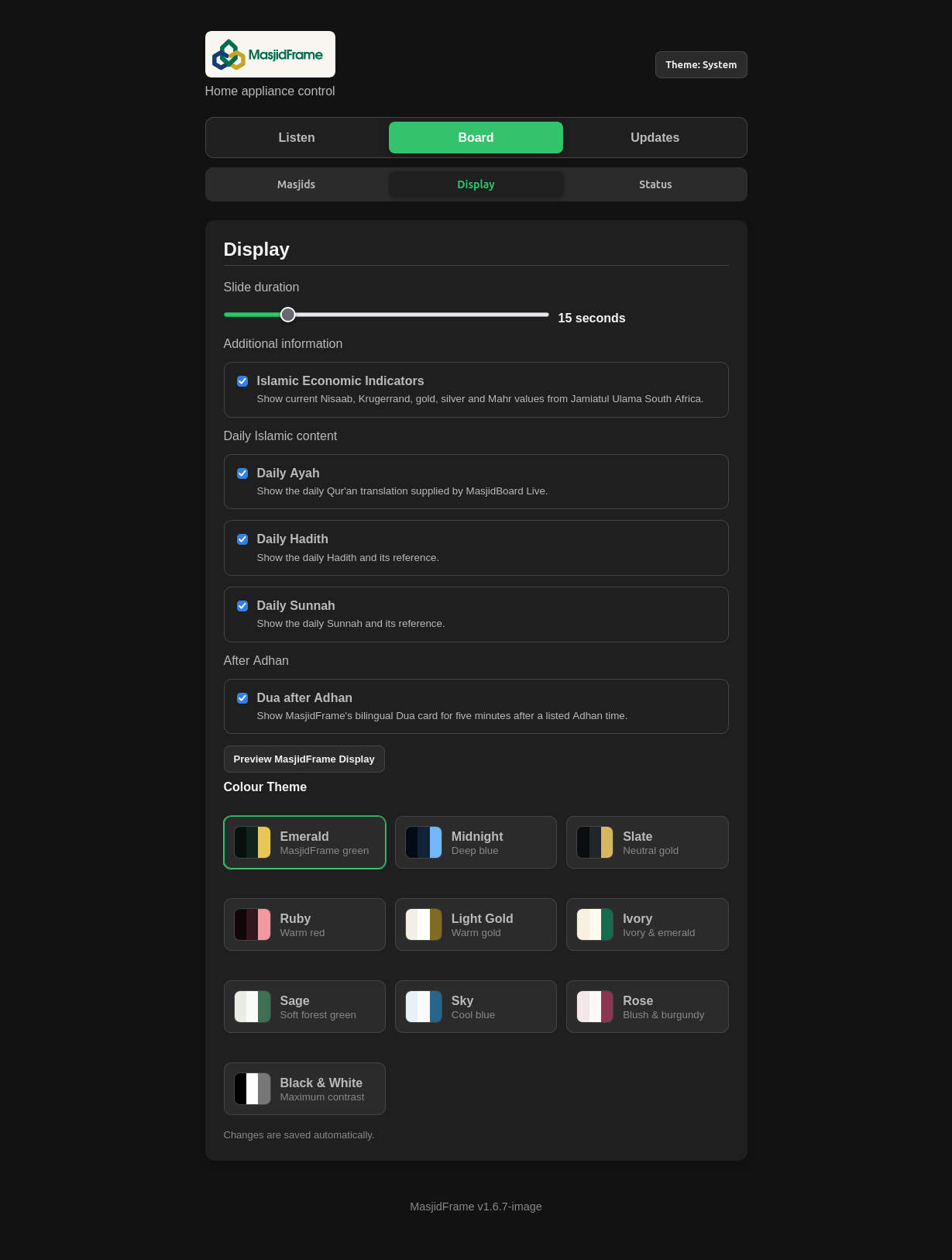 Web UI Display settings with themes, daily content controls and Preview MasjidFrame Display