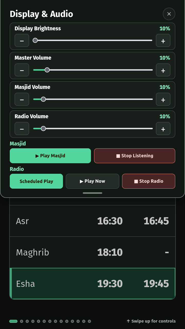 Quick Settings sheet with brightness, volume and Radio actions