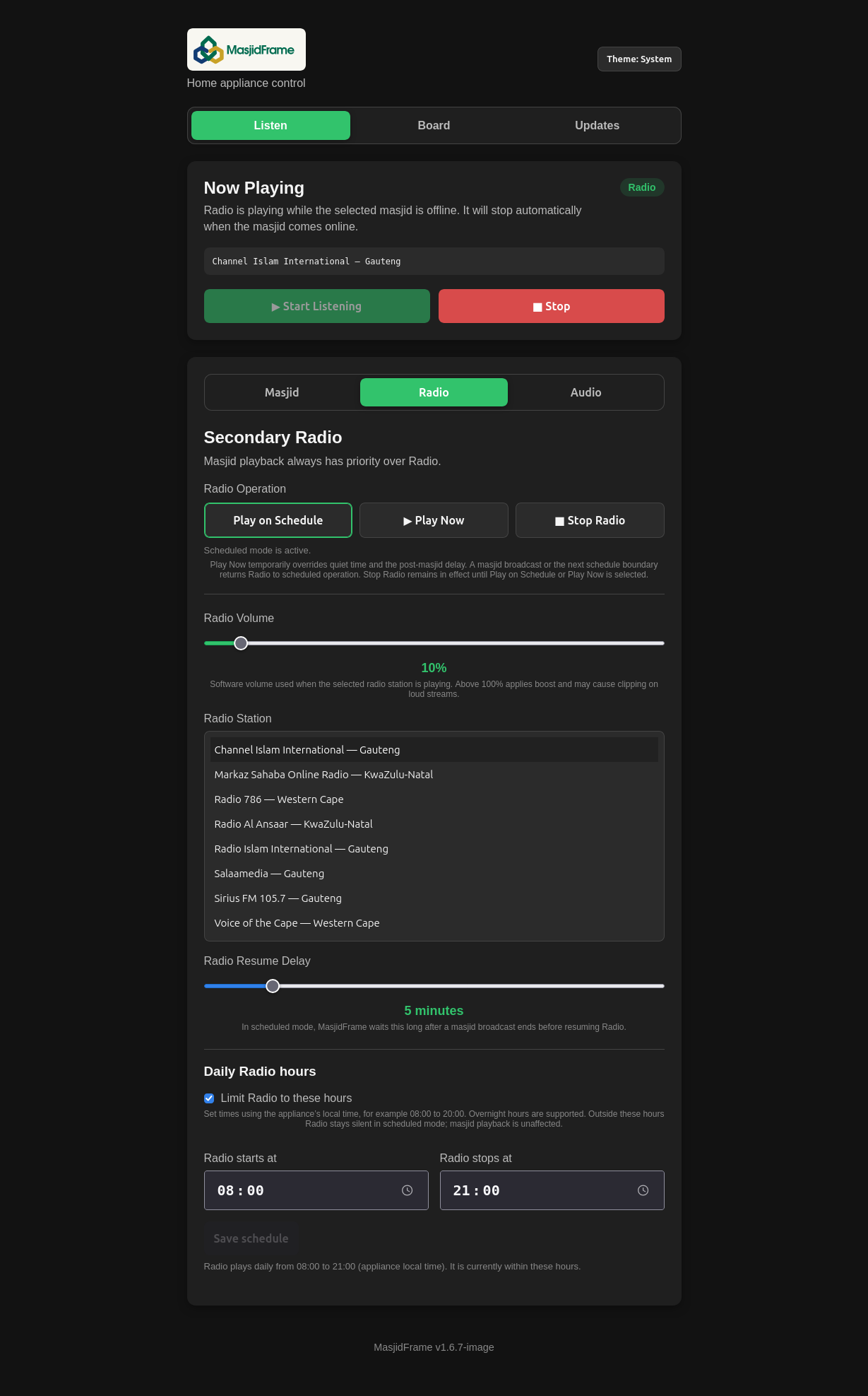 Web UI Radio controls with daily hours, time fields and Save schedule