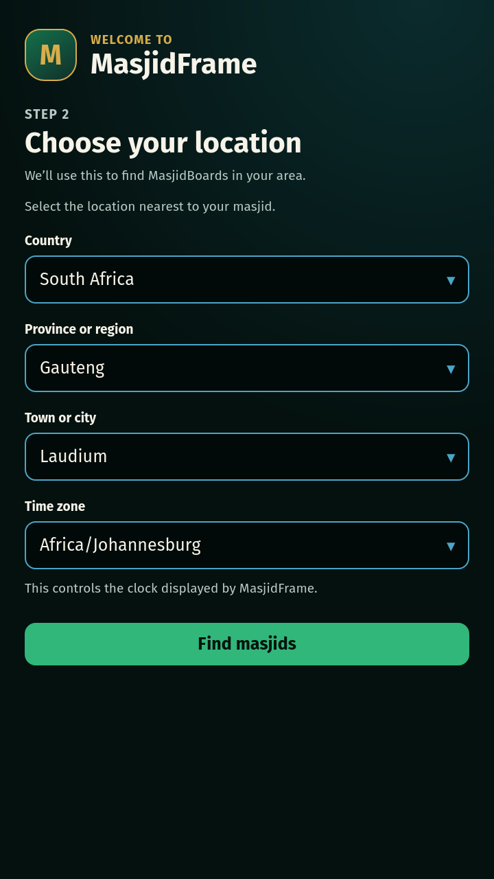 MasjidFrame location setup with South Africa, Gauteng, Laudium and Africa/Johannesburg selected