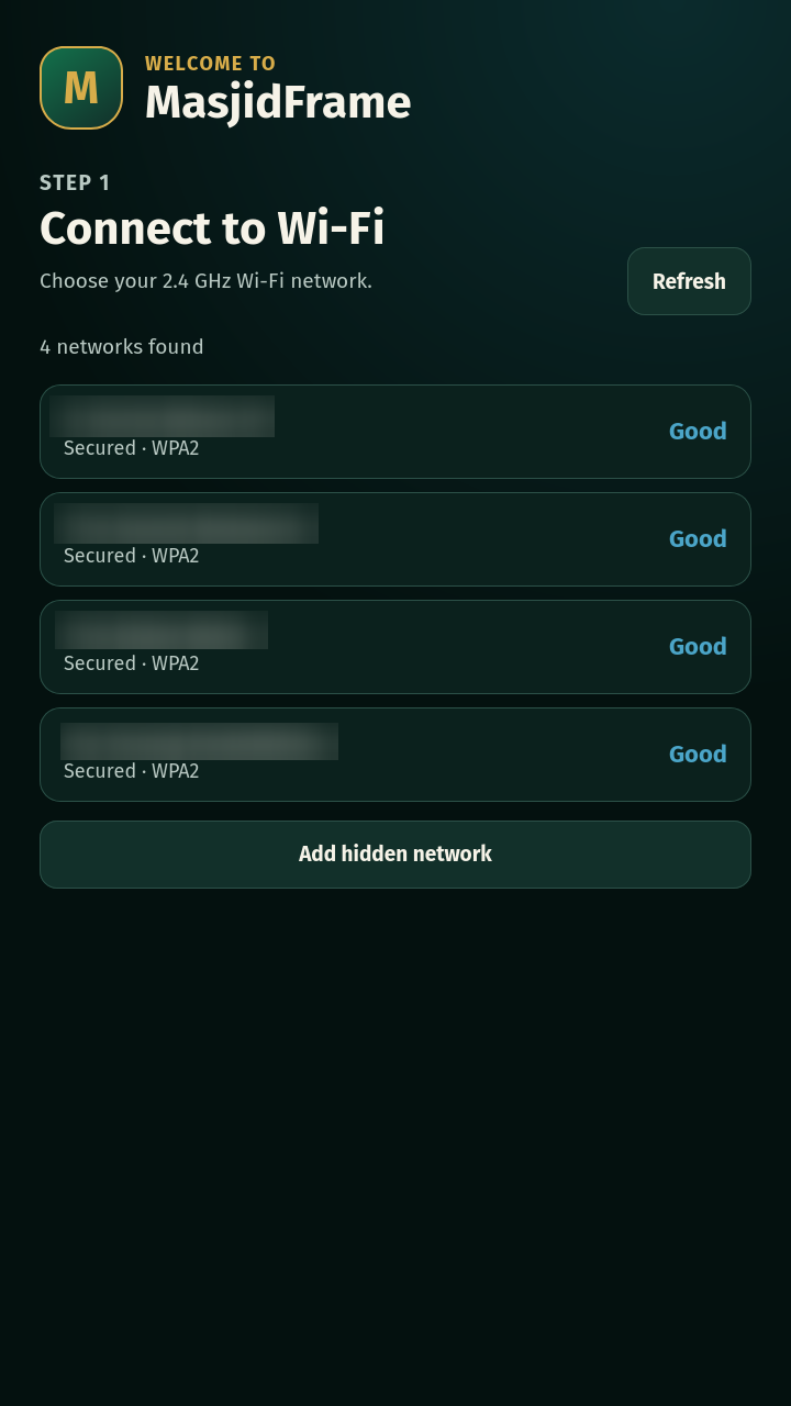 MasjidFrame Wi-Fi setup with available networks and Add hidden network