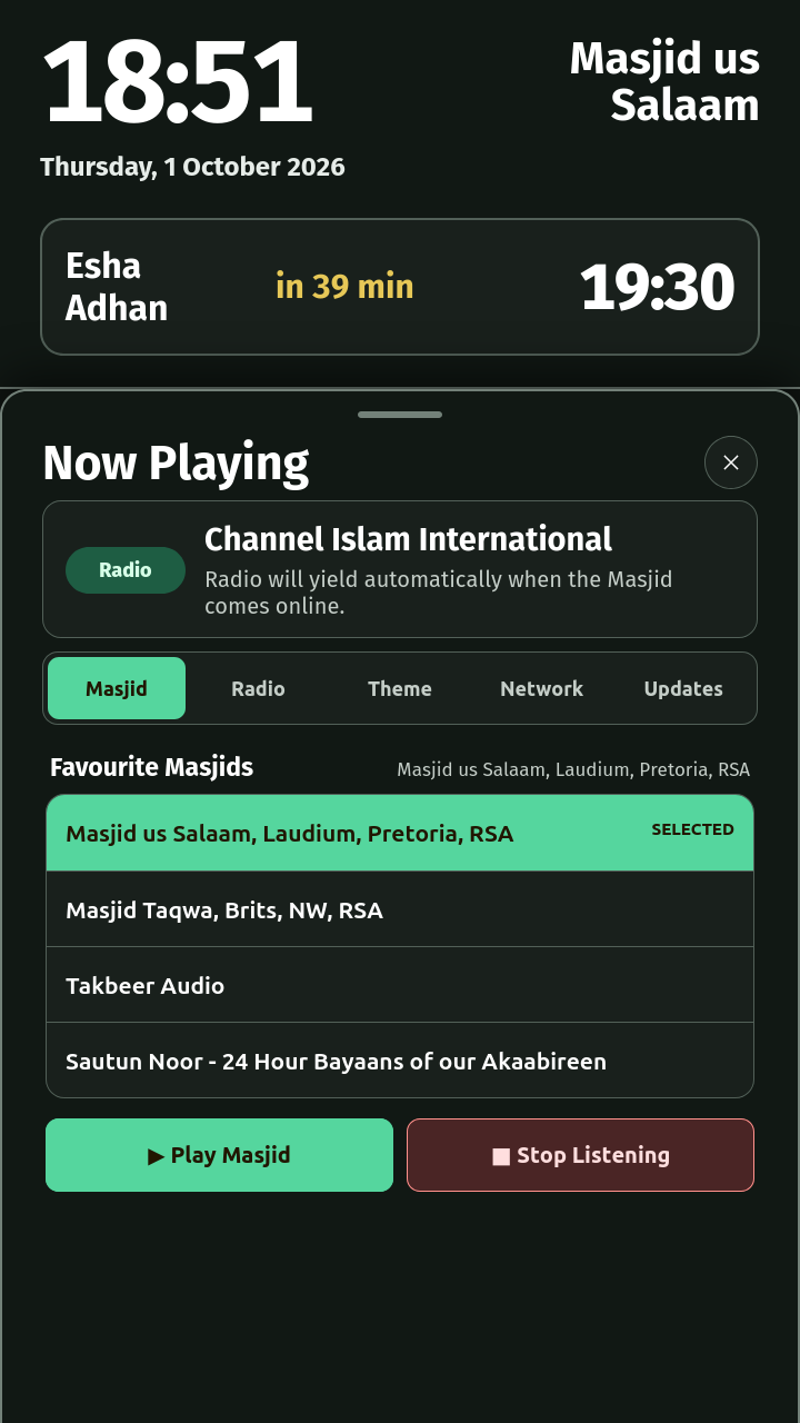 Touchscreen main controls with Masjid, Radio, Theme, Network and Updates tabs