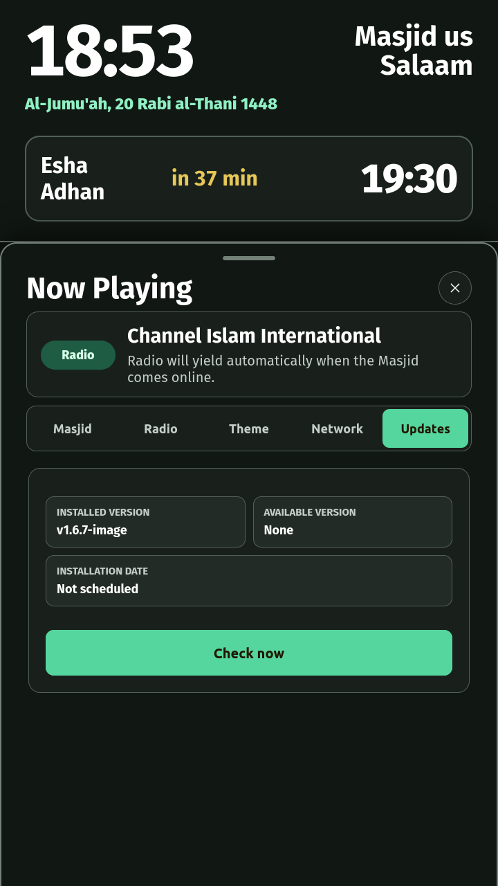 Touchscreen Updates tab showing v1.6.7-image and Check now