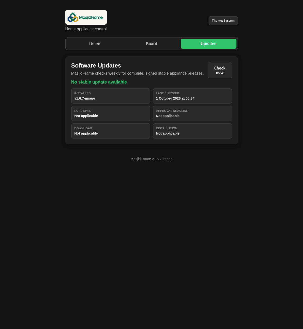Web UI Updates page showing installed version and Check now
